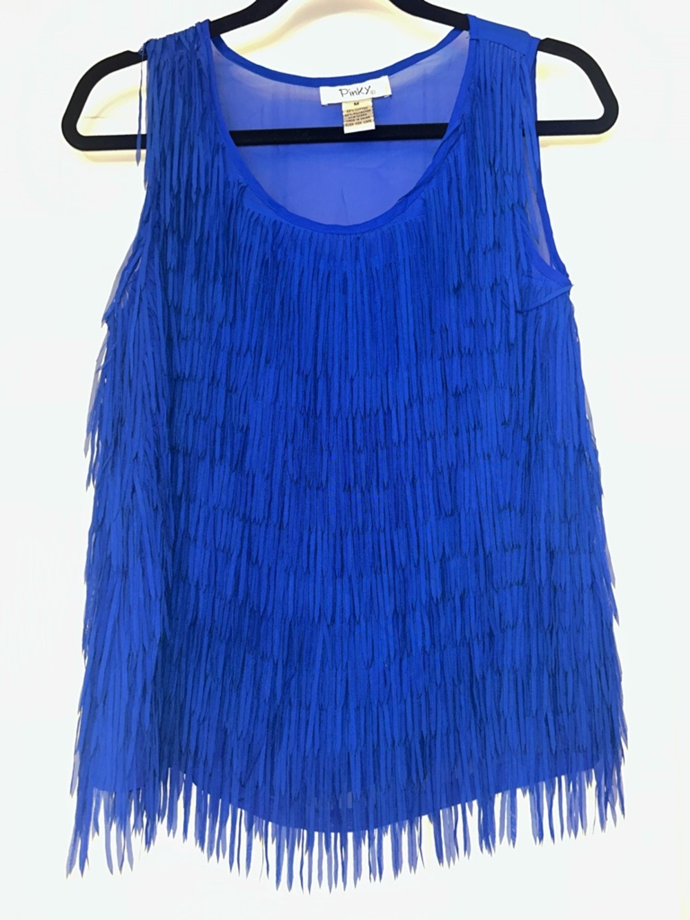 Pinky Layered Fringe Sleeveless  Top M Royal NWOT Sheer Glam Maximalist Flirty